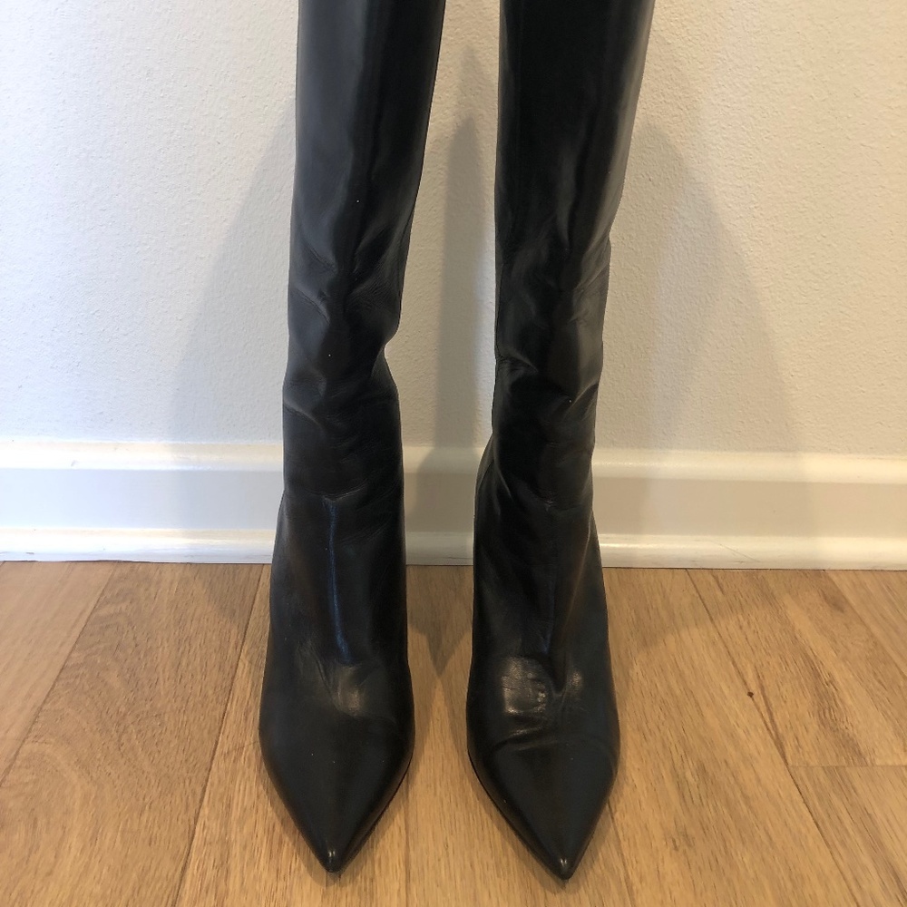 Jimmy Choo Black Leather Knee High Boots, Size 40